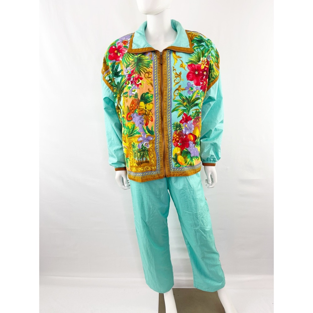 Vintage East West Turquoise Floral Fruit Print 2-Piece Tracksuit Jacket & Pants - Picture 1 of 13